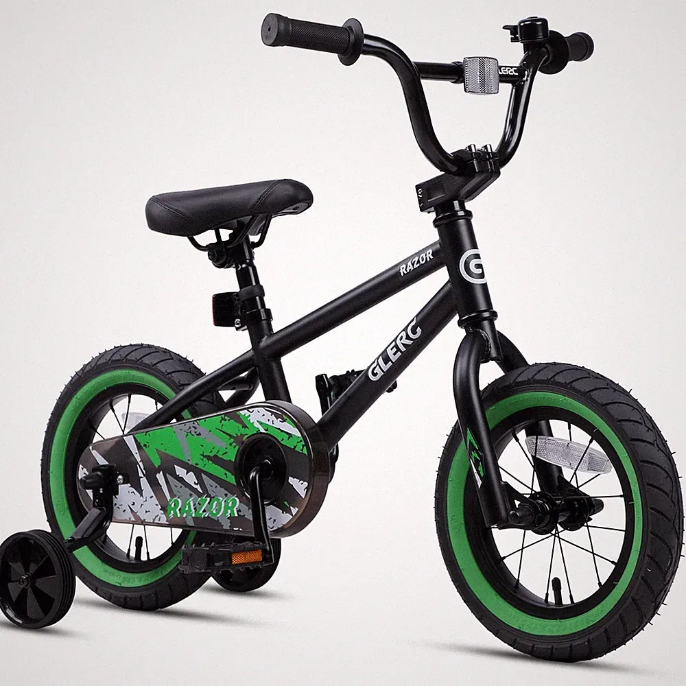 Kids Bike 12 Inch BMX Style Training Wheels Black Green Glerc 1-4 Ages Years